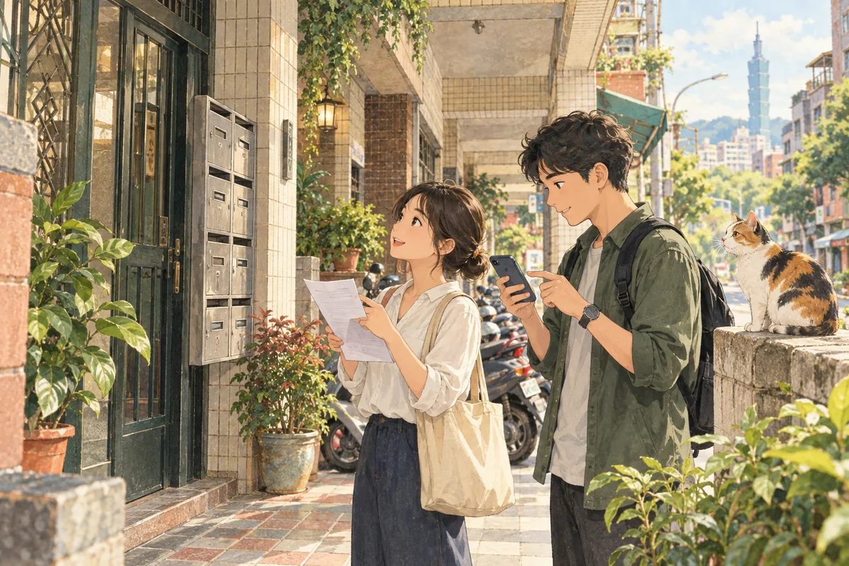 公司登記地址有誤怎麼回報?先分官方值與網站轉錄:使用者在台灣街屋前比對門牌位置、信箱、紙本紀錄與手機地圖,三花貓在矮牆上