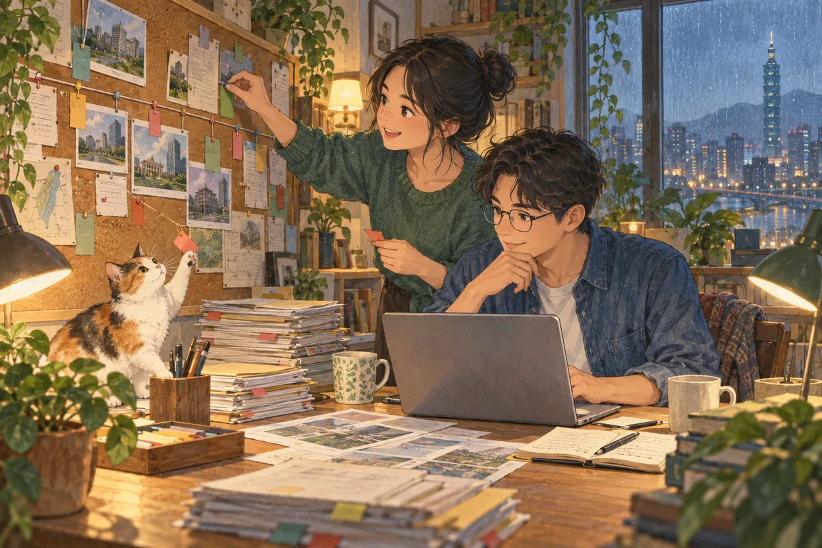 公司資料更正完成後,怎麼驗證公開頁真的生效?:協作者在雨夜工作室整理公司資料新舊版本與異動時間線,三花貓伸手碰標籤