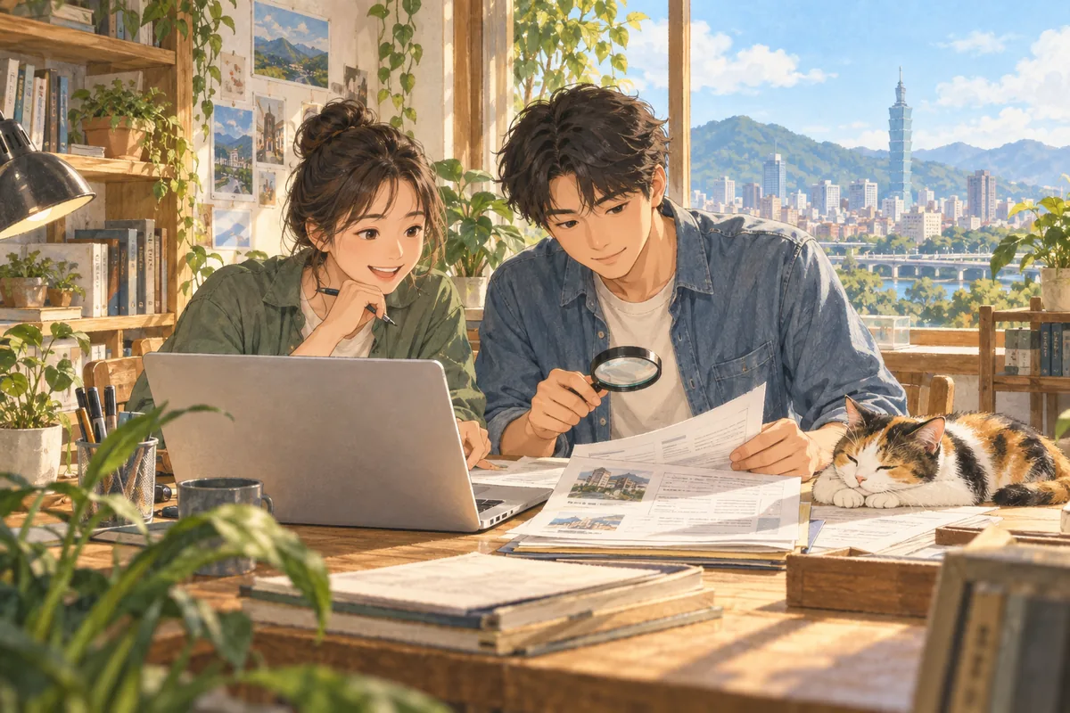 申訴人把發票、訂單、企業名稱、地址與申訴請求整理成表格，三花貓趴在資料夾旁
