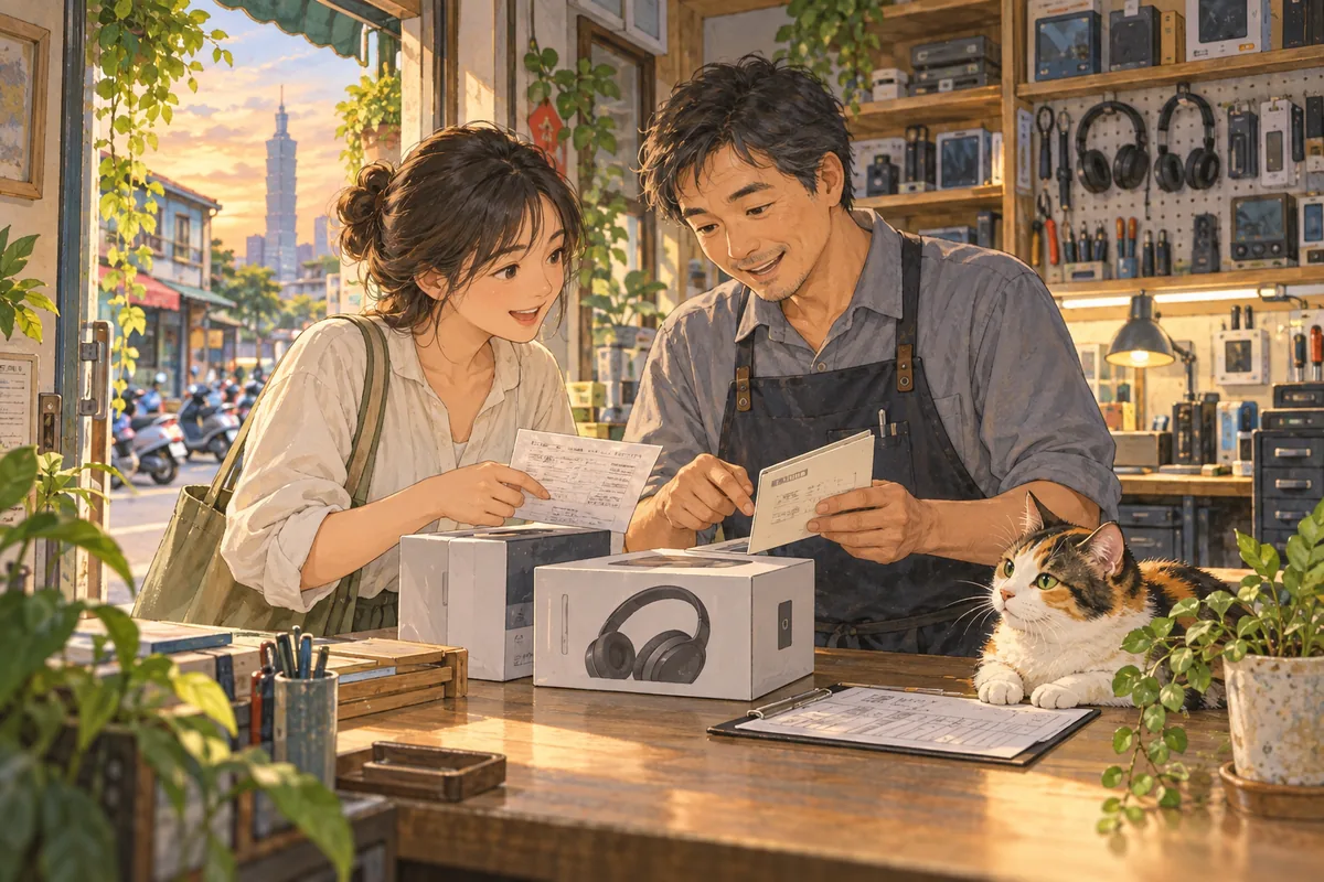 自動續扣要向哪家公司取消？訂閱品牌和帳單名稱先對齊：顧客與維修店主核對商品、收據、保固卡與維修紀錄，三花貓在櫃台旁陪伴
