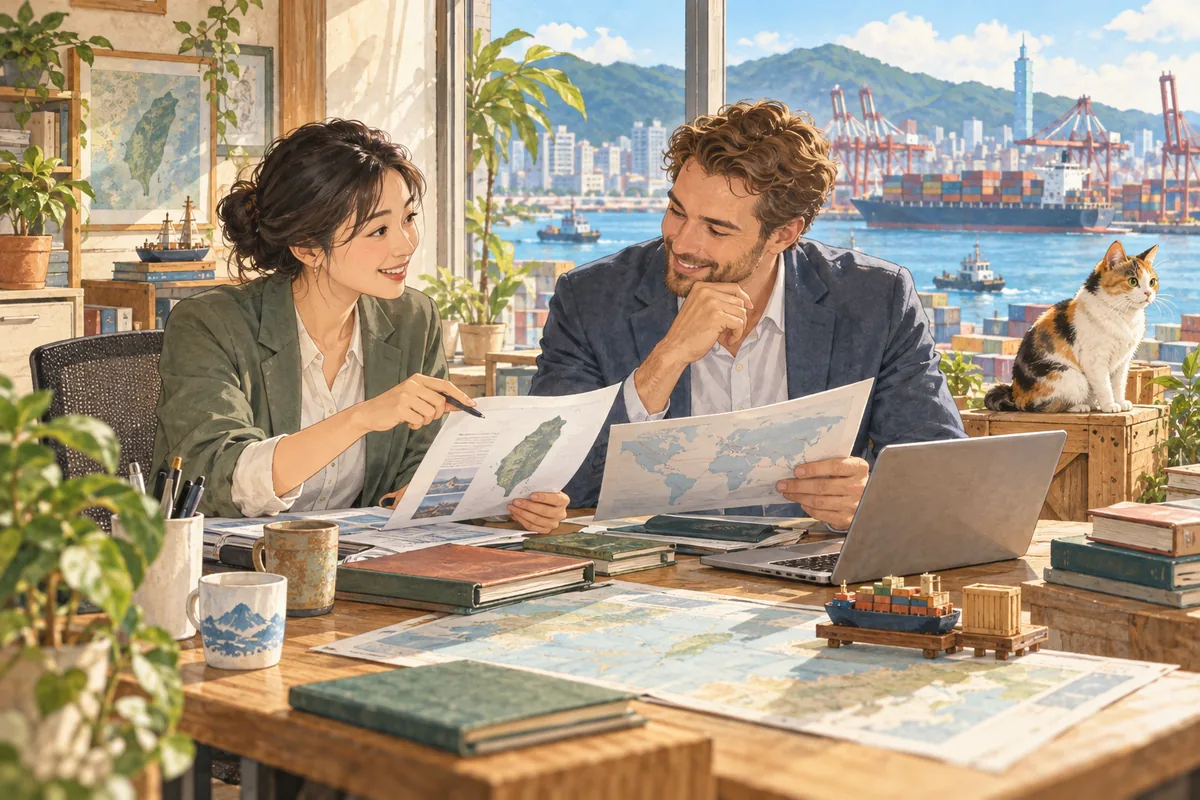 資料錯誤回報最少要附哪些證據?避免來回補件:台灣業者與海外夥伴在港邊辦公室核對在台分支與跨境文件,三花貓坐在木箱上