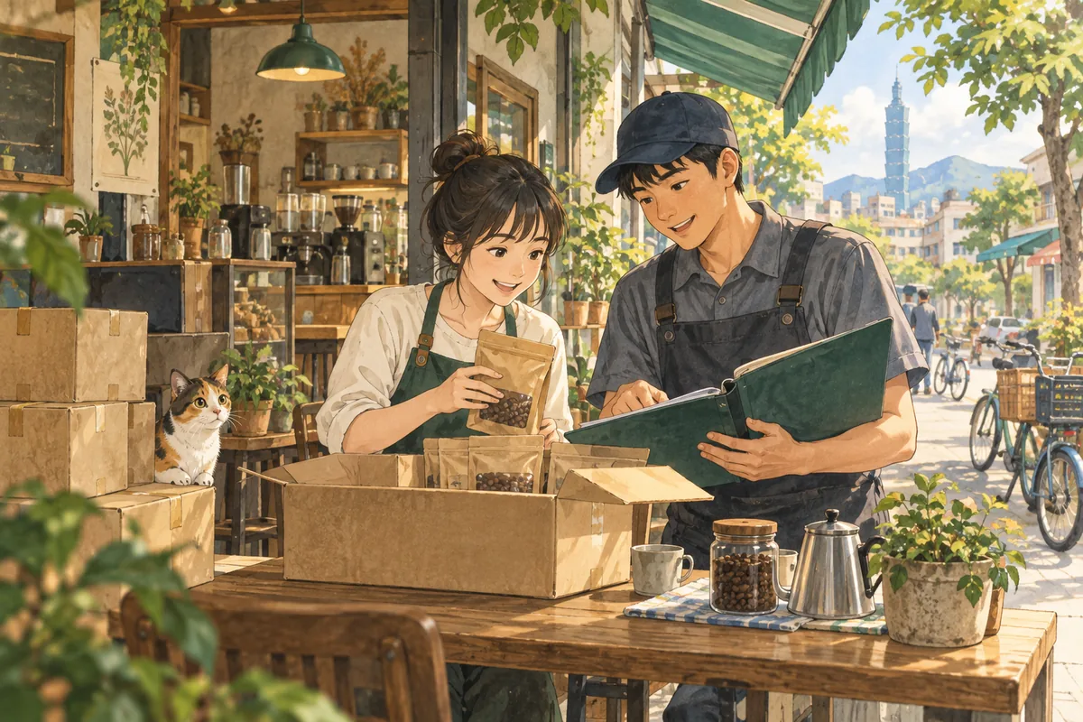 負責人已變更但頁面沒更新,是錯誤還是時間差?:店主與供應商一起驗收商品、交貨紙箱與採購紀錄,三花貓從紙箱旁探頭
