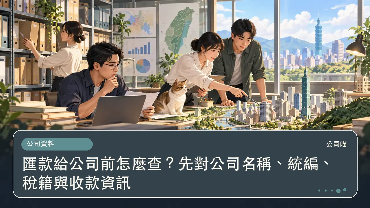匯款給公司前怎麼查？先對公司名稱、統編、稅籍與收款資訊主題插畫