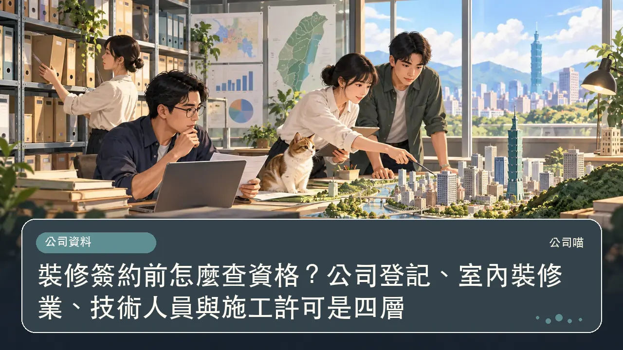 裝修簽約前怎麼查資格？公司登記、室內裝修業、技術人員與施工許可是四層主題插畫